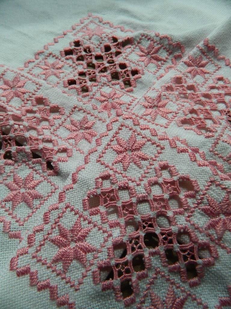 Vintage linen hand embroidered tablecloth - pink Hardanger embroidery