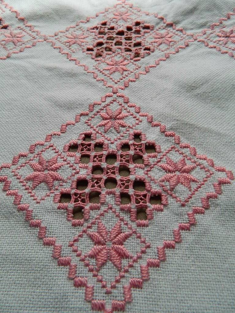 Vintage linen hand embroidered tablecloth - pink Hardanger embroidery