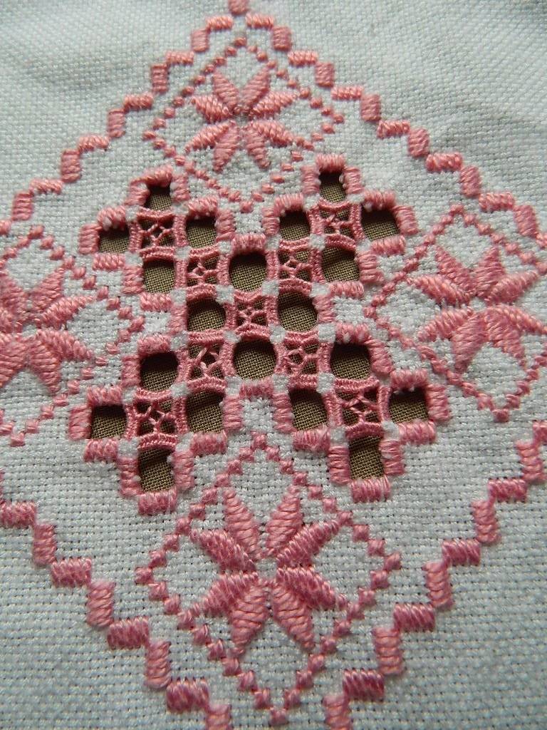 Vintage linen hand embroidered tablecloth - pink Hardanger embroidery