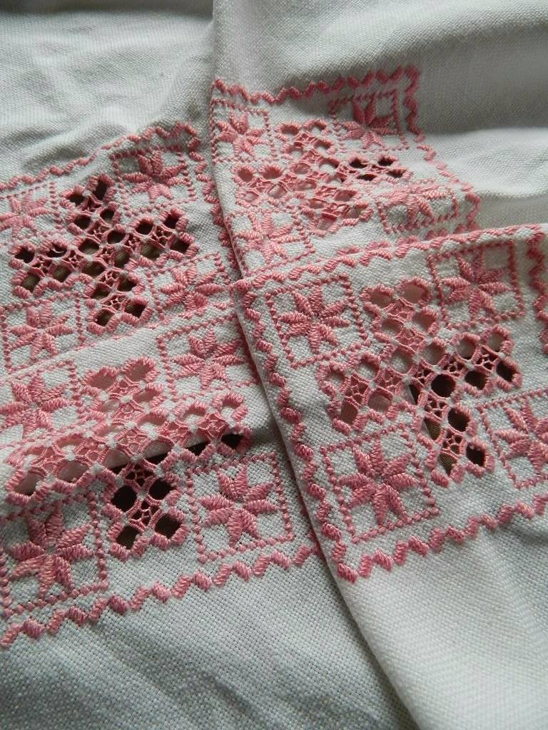 Vintage linen hand embroidered tablecloth - pink Hardanger embroidery