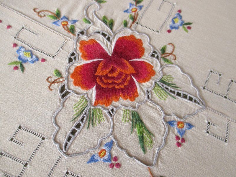 ANTIQUE TABLECLOTH HAND EMBROIDERED COLOURFUL FLOWERS