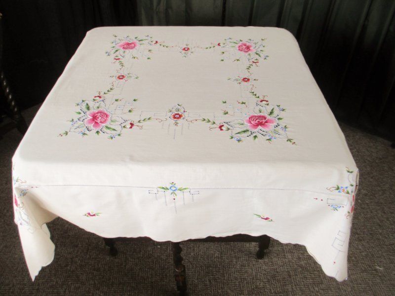 ANTIQUE TABLECLOTH HAND EMBROIDERED COLOURFUL FLOWERS