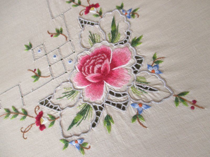 ANTIQUE TABLECLOTH HAND EMBROIDERED COLOURFUL FLOWERS