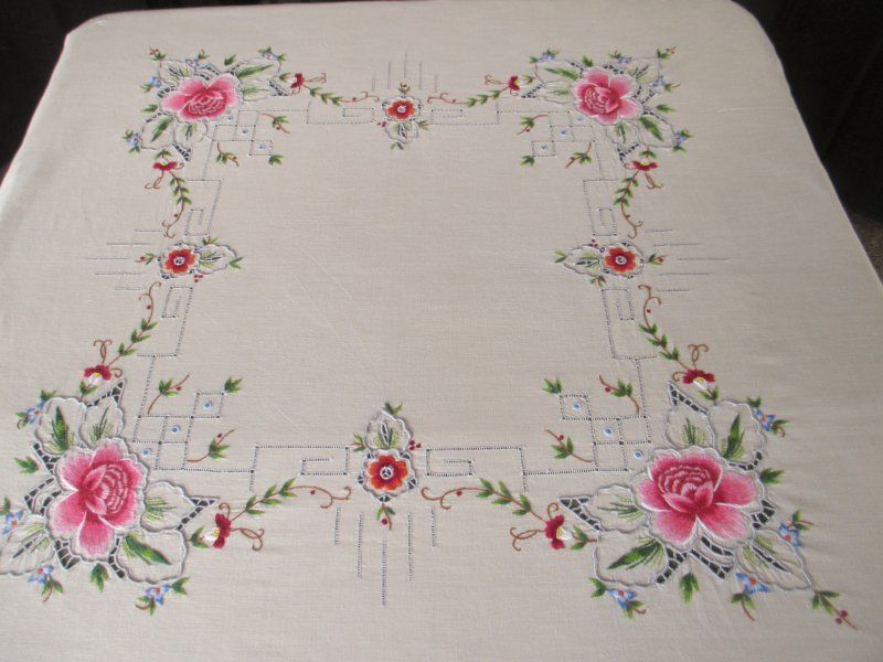 ANTIQUE TABLECLOTH HAND EMBROIDERED COLOURFUL FLOWERS