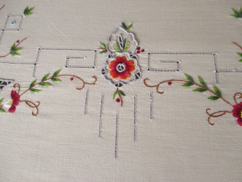 ANTIQUE TABLECLOTH HAND EMBROIDERED COLOURFUL FLOWERS