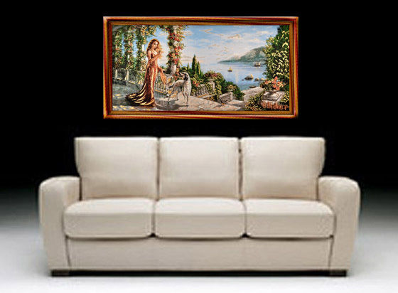 MEDITERRANEAN ROYAL LADY & COURT SEASCAPE 46" COTTON NEEDLEPOINT WOVEN TAPESTRY