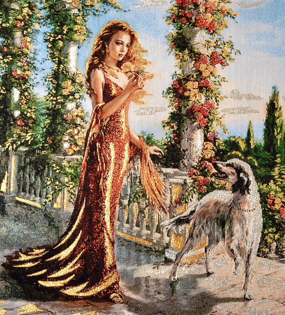 MEDITERRANEAN ROYAL LADY & COURT SEASCAPE 46" COTTON NEEDLEPOINT WOVEN TAPESTRY