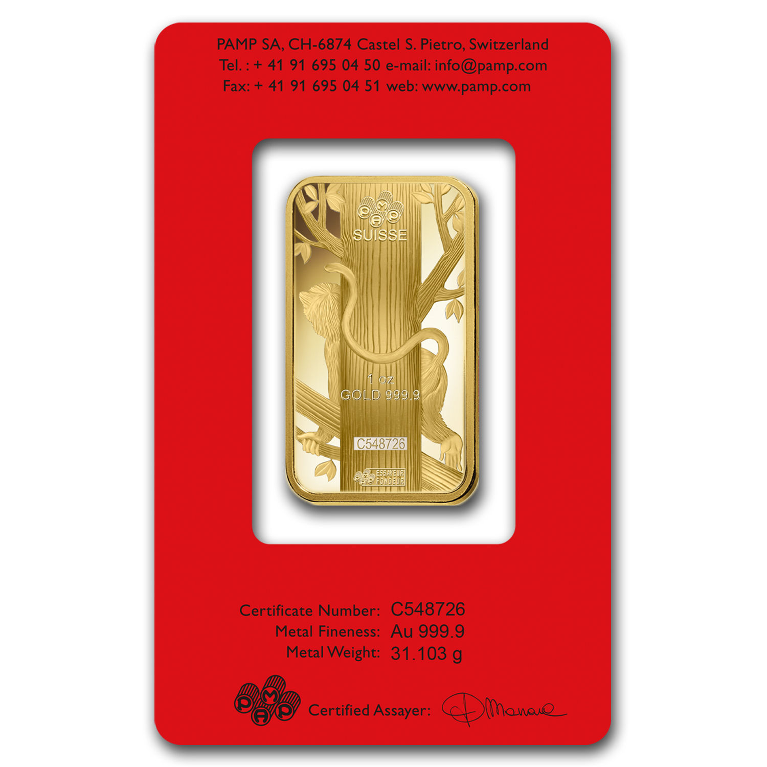 1 oz Gold Bar - PAMP Suisse Year of the Monkey (In Assay) - SKU #92810