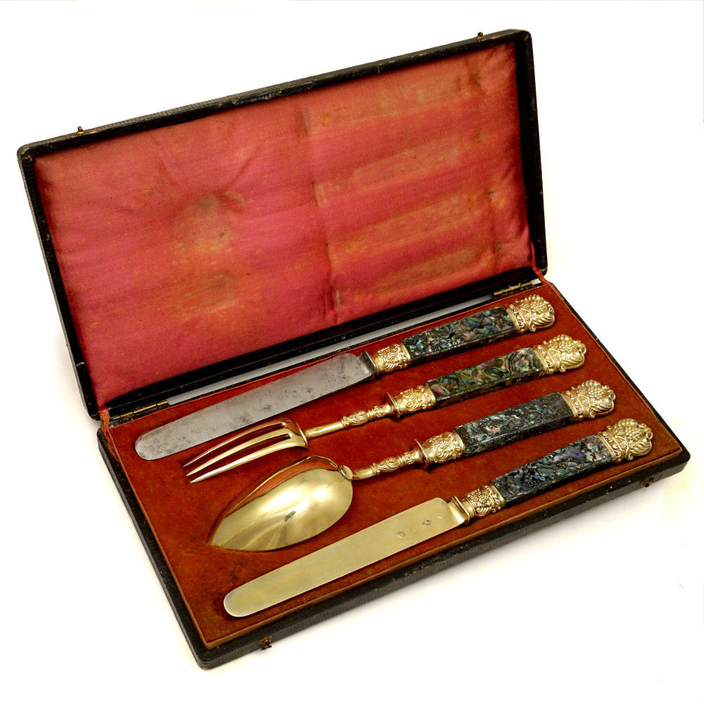 Antique French Sterling Silver Flatware Travel Gift Set Abalone Shell Handles