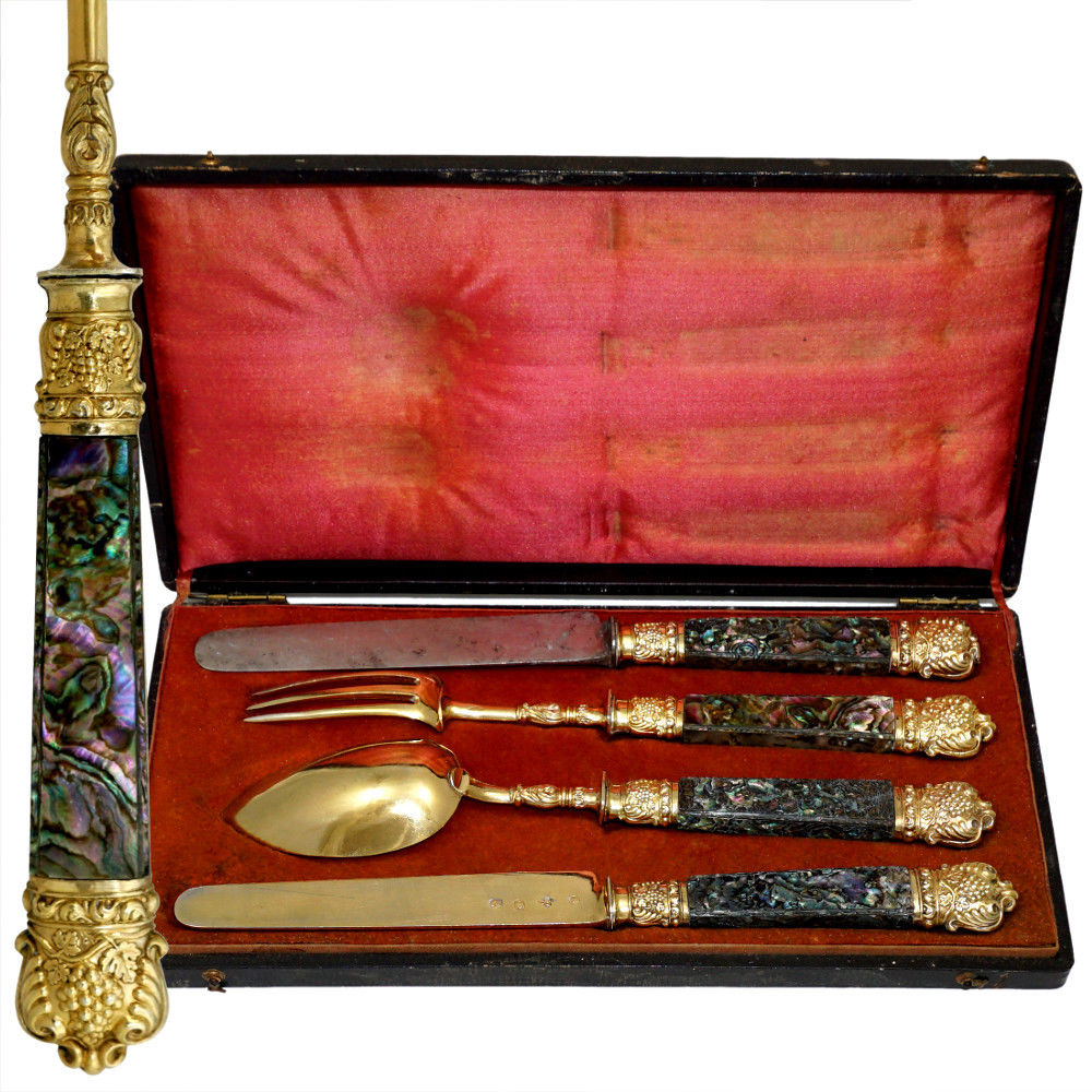 Antique French Sterling Silver Flatware Travel Gift Set Abalone Shell Handles