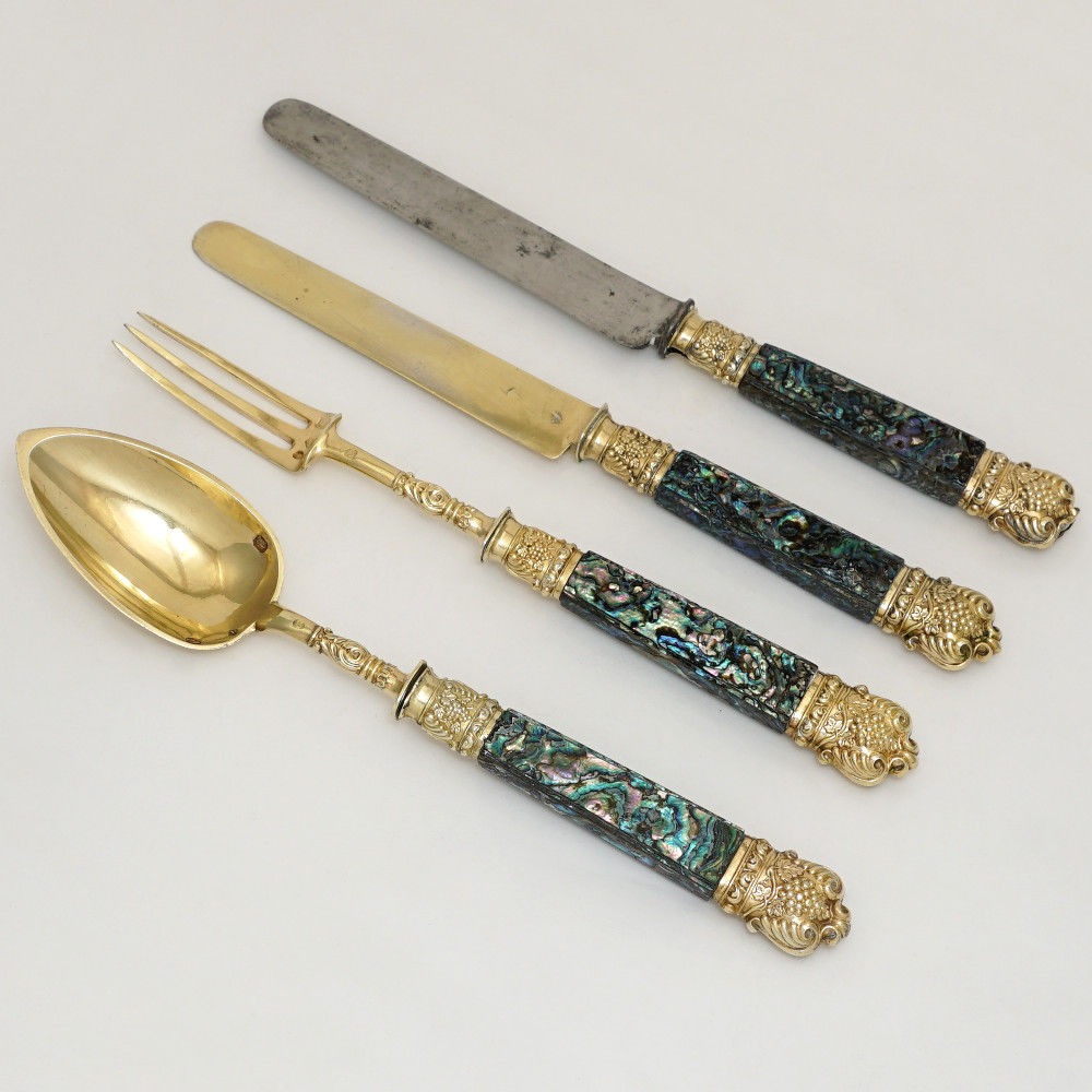 Antique French Sterling Silver Flatware Travel Gift Set Abalone Shell Handles