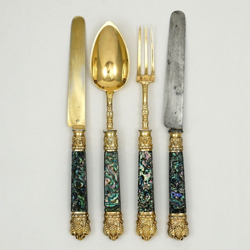 Antique French Sterling Silver Flatware Travel Gift Set Abalone Shell Handles