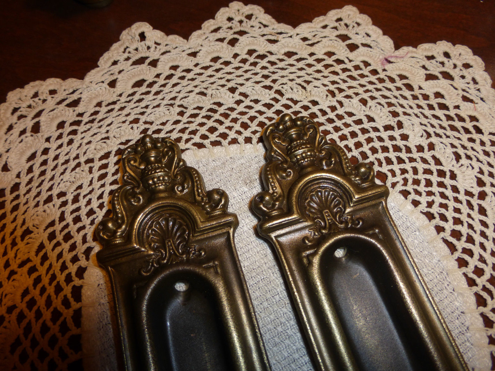 Vintage brass pocket door hardware pulls