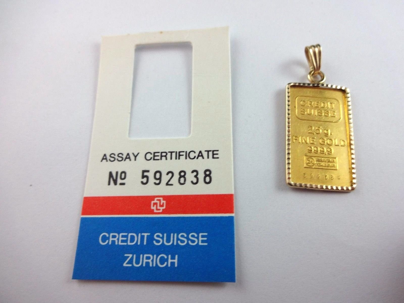 2.5 Gram Credit Suisse .9999 Fine Gold Bullion Bar Ingot in 14k Bezel Pendant