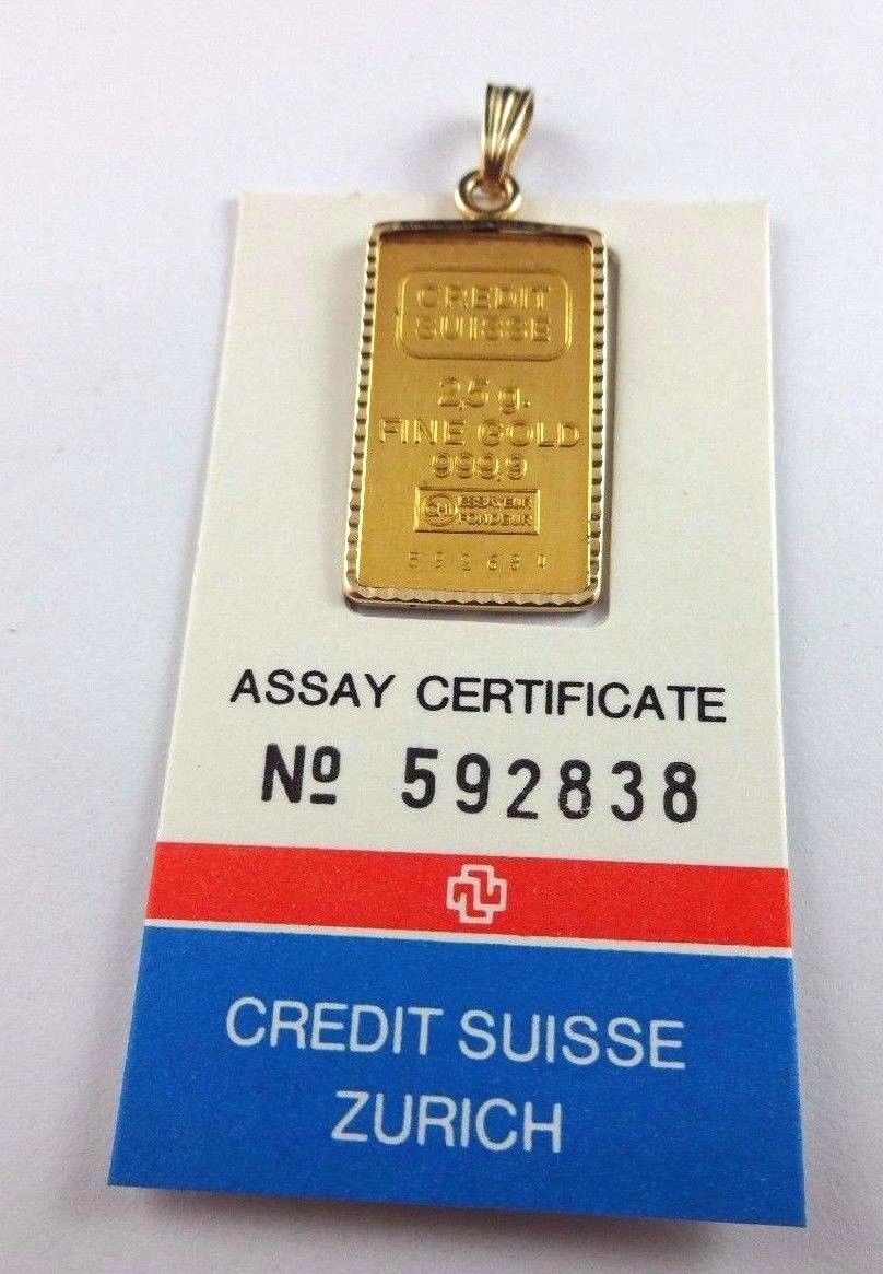 2.5 Gram Credit Suisse .9999 Fine Gold Bullion Bar Ingot in 14k Bezel Pendant