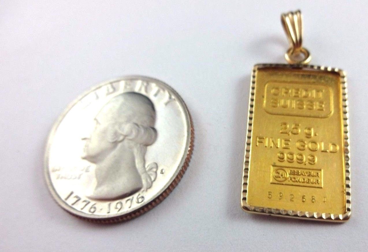 2.5 Gram Credit Suisse .9999 Fine Gold Bullion Bar Ingot in 14k Bezel Pendant