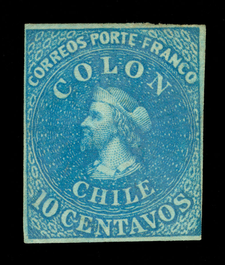 CHILE  1862  COLUMBUS  10c bright blue (LONDON print) Sc# 12 mint MH VF