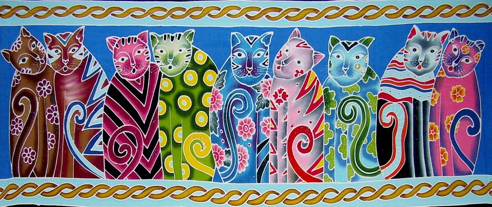 Authentic Batik Textile Art Cats 45" x 20"