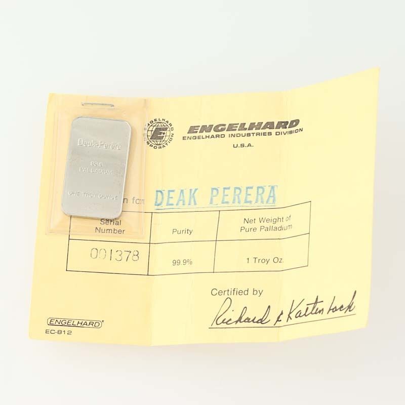 Engelhard Palladium Bar - .999 Palladium 1 Troy Ounce Deak-Perera