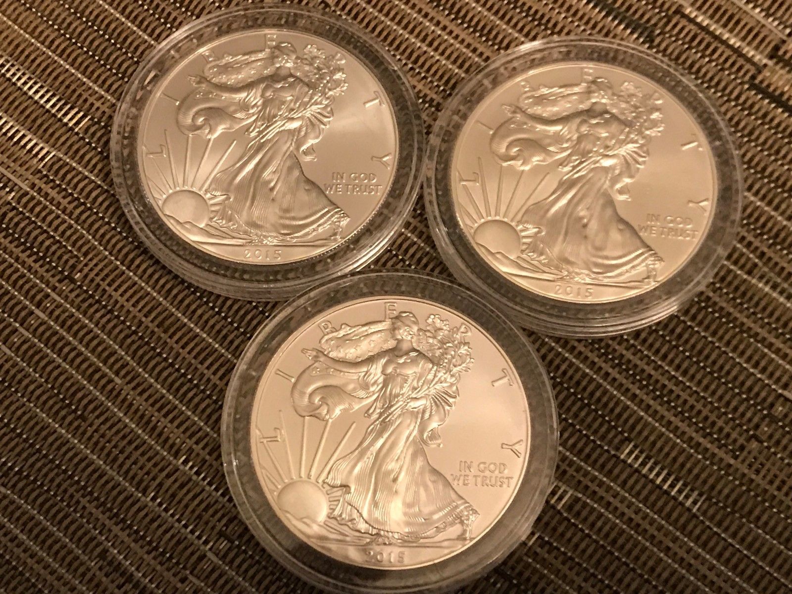 Lot of 3 BU 2015 .999 Silver American Eagle Coins In Air-Tite Capsules