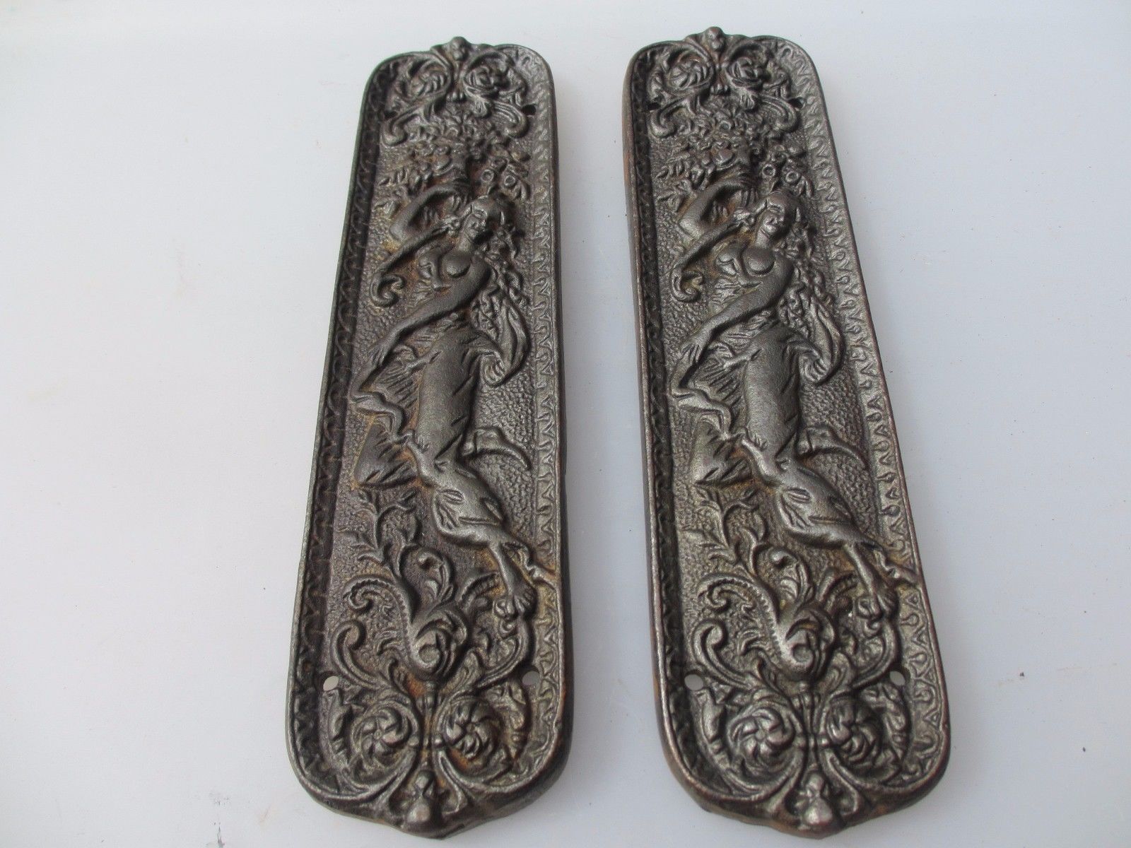 Vintage Cast Iron Finger Plates Push Door Handles Art Nouveau Lady French Gilt