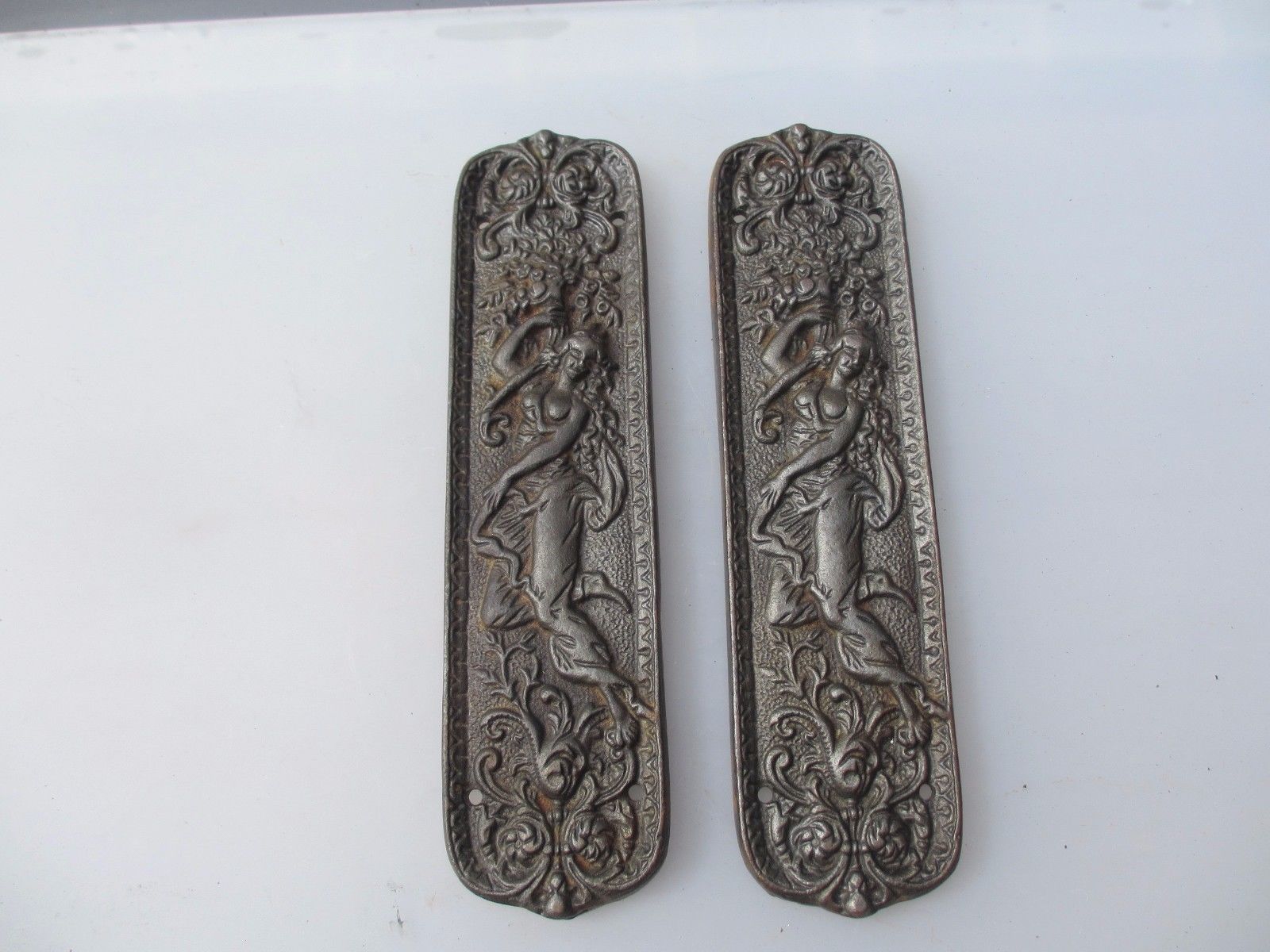 Vintage Cast Iron Finger Plates Push Door Handles Art Nouveau Lady French Gilt