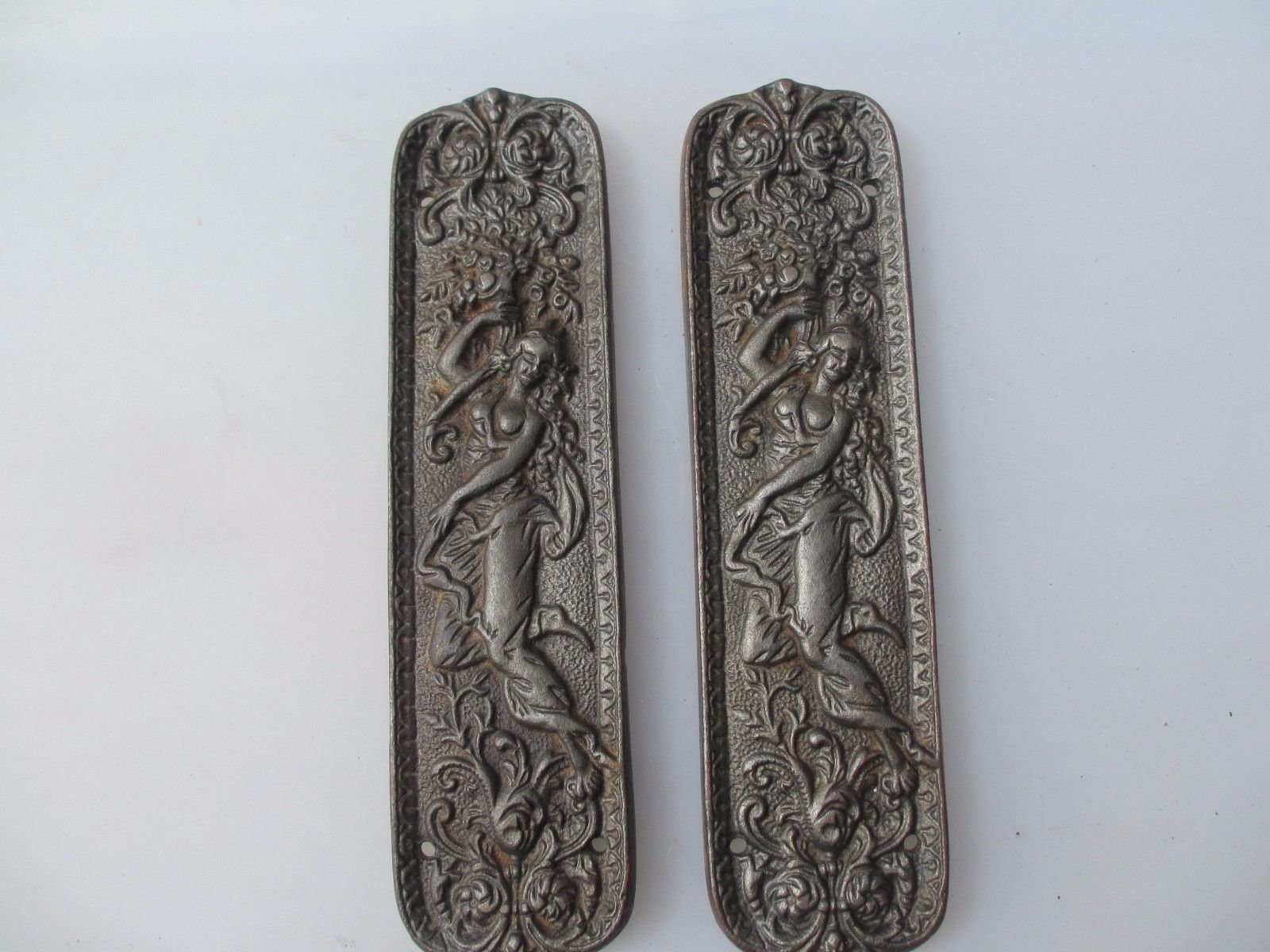 Vintage Cast Iron Finger Plates Push Door Handles Art Nouveau Lady French Gilt