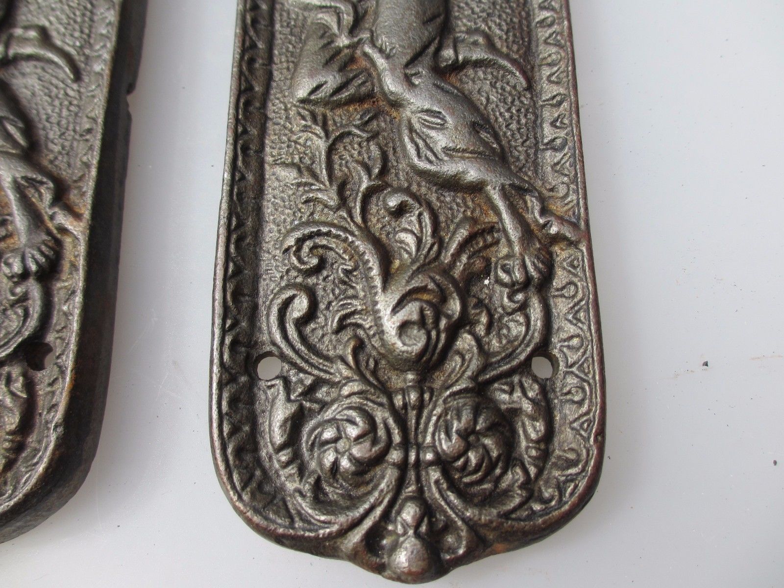 Vintage Cast Iron Finger Plates Push Door Handles Art Nouveau Lady French Gilt