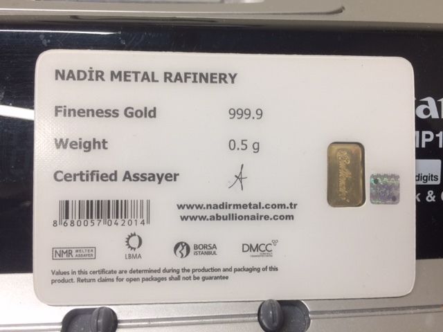 Rare 1/2 or .5 Gram 999.9 24 KT Nadir Abullionaire Gold Bar sealed in Assay IGR