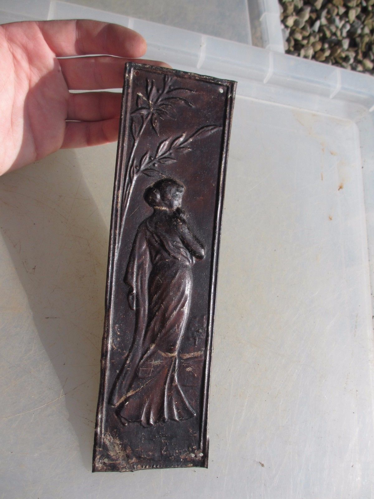 Vintage Iron Finger Plates Push Door Handles Art Nouveau Antique Lady Women Leaf