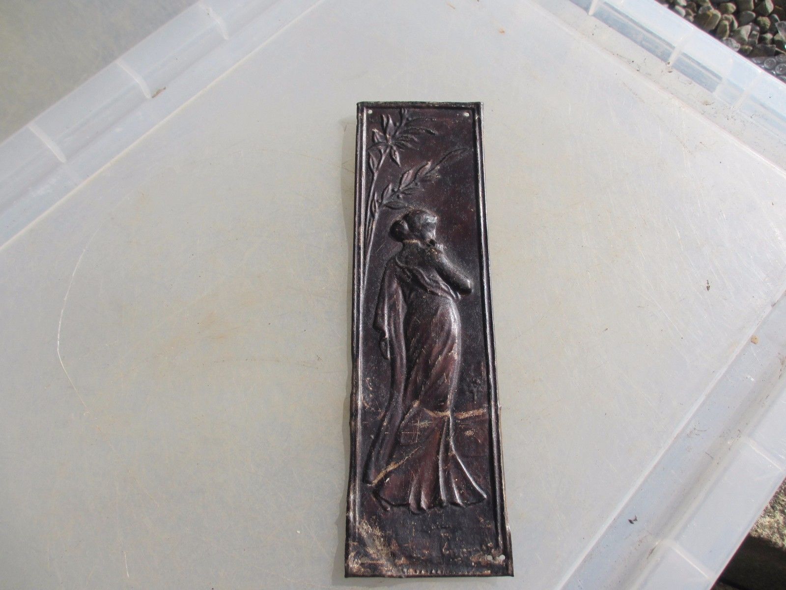 Vintage Iron Finger Plates Push Door Handles Art Nouveau Antique Lady Women Leaf