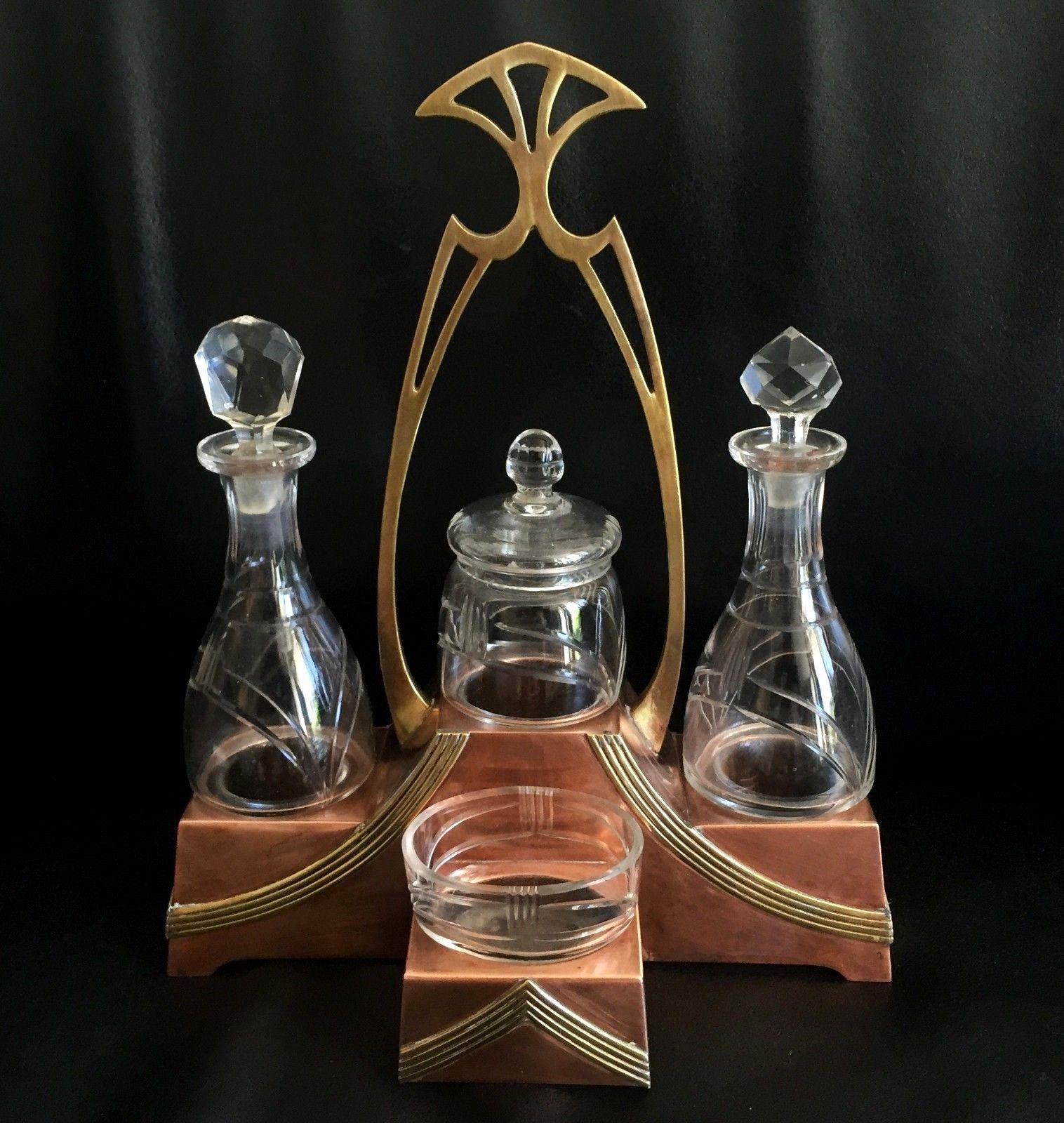 Arts & crafts set table copper brass WMF? oil vinegar pepper salt art nouveau