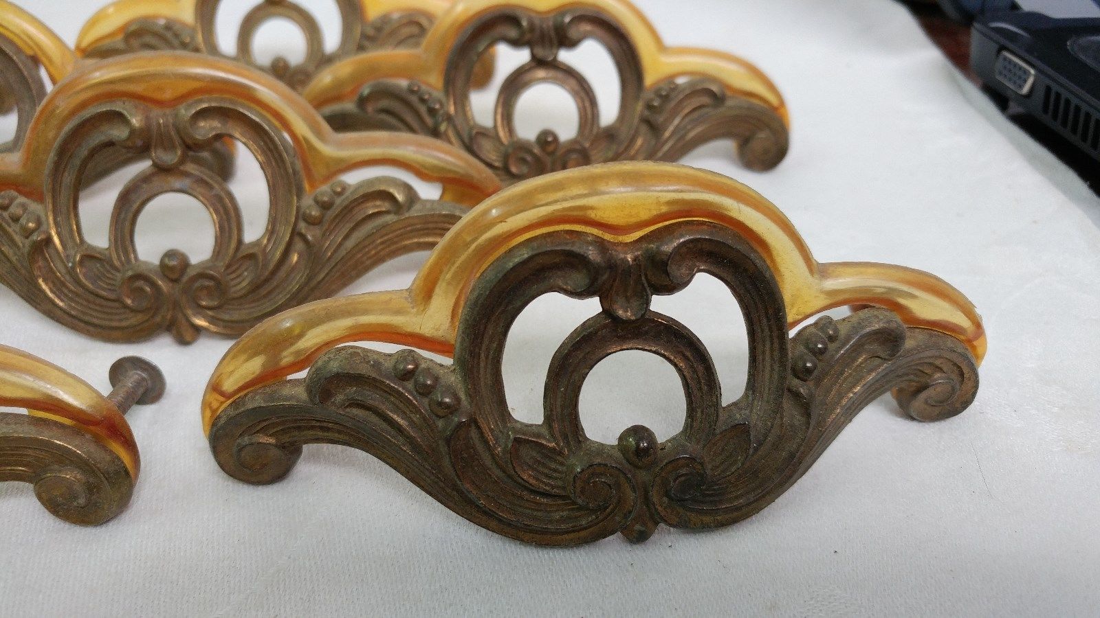 8 Fancy Antique Art Deco Waterfall Hardware Drawer Pulls with Bakelite