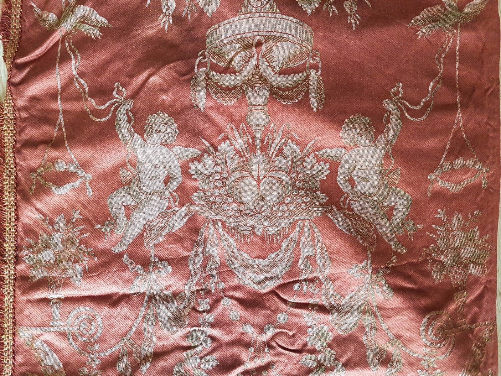 OLD ANTIQUE FRENCH EMBROIDERY TAPESTRY SILK BLEND FABRIC