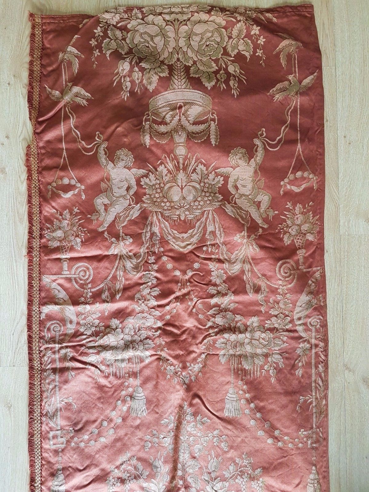 OLD ANTIQUE FRENCH EMBROIDERY TAPESTRY SILK BLEND FABRIC