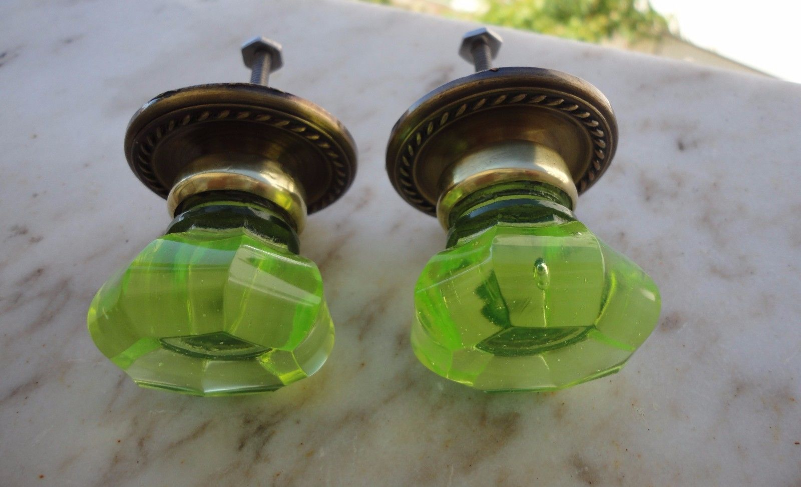 Pair ANTIQUE Drawer KNOBS - URANIUM GREEN Glass - VICTORIAN ERA Pulls Handles