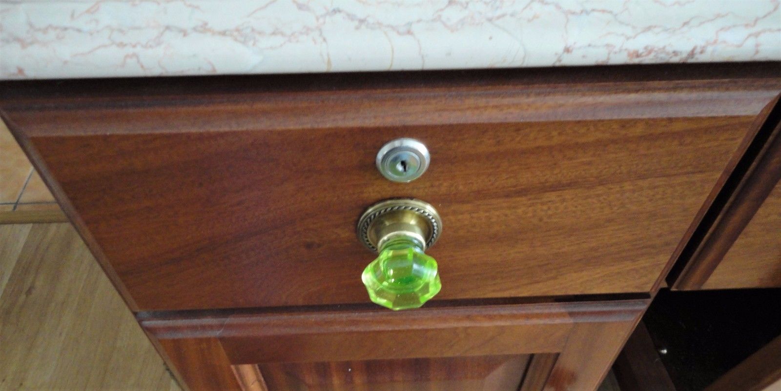 Pair ANTIQUE Drawer KNOBS - URANIUM GREEN Glass - VICTORIAN ERA Pulls Handles