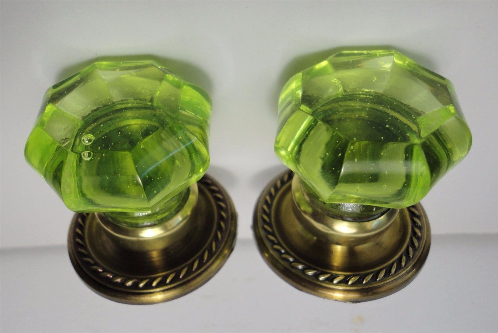 Pair ANTIQUE Drawer KNOBS - URANIUM GREEN Glass - VICTORIAN ERA Pulls Handles