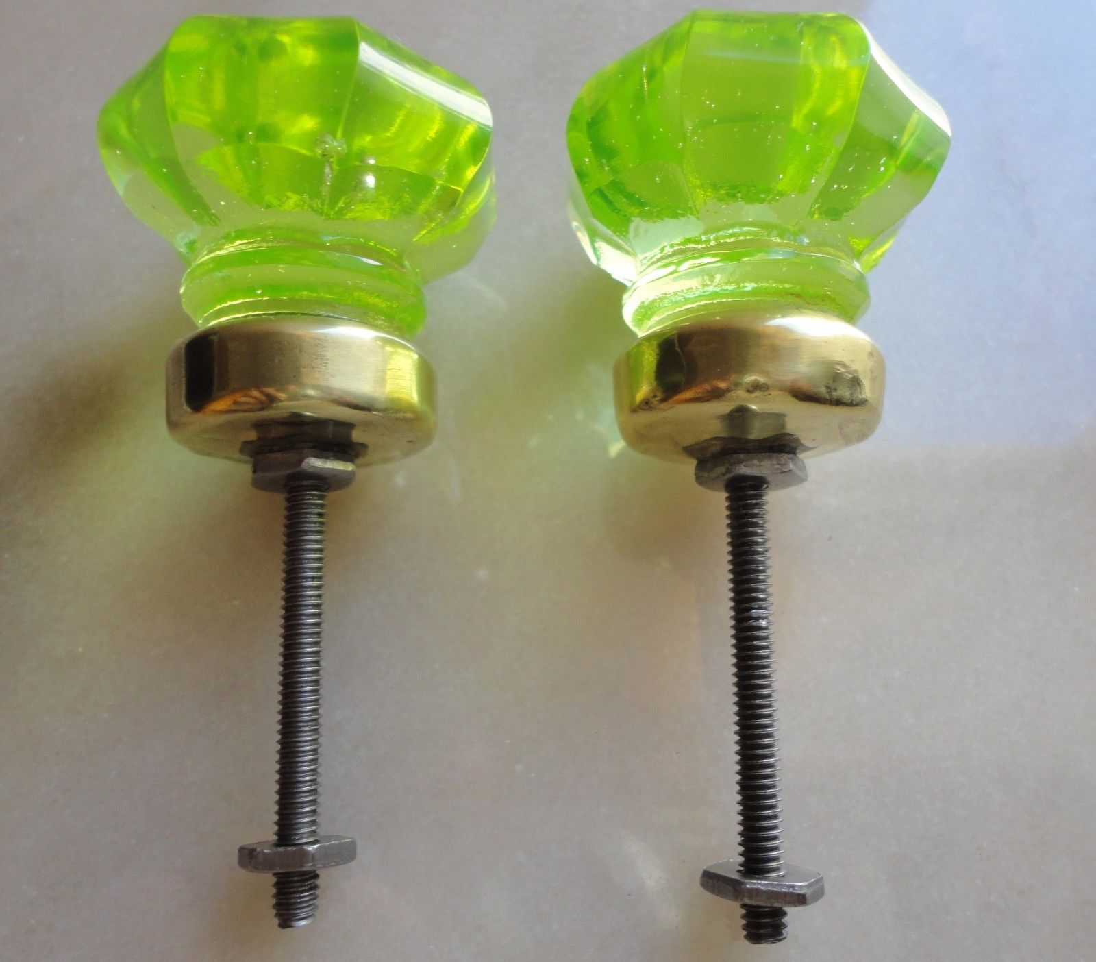 Pair ANTIQUE Drawer KNOBS - URANIUM GREEN Glass - VICTORIAN ERA Pulls Handles