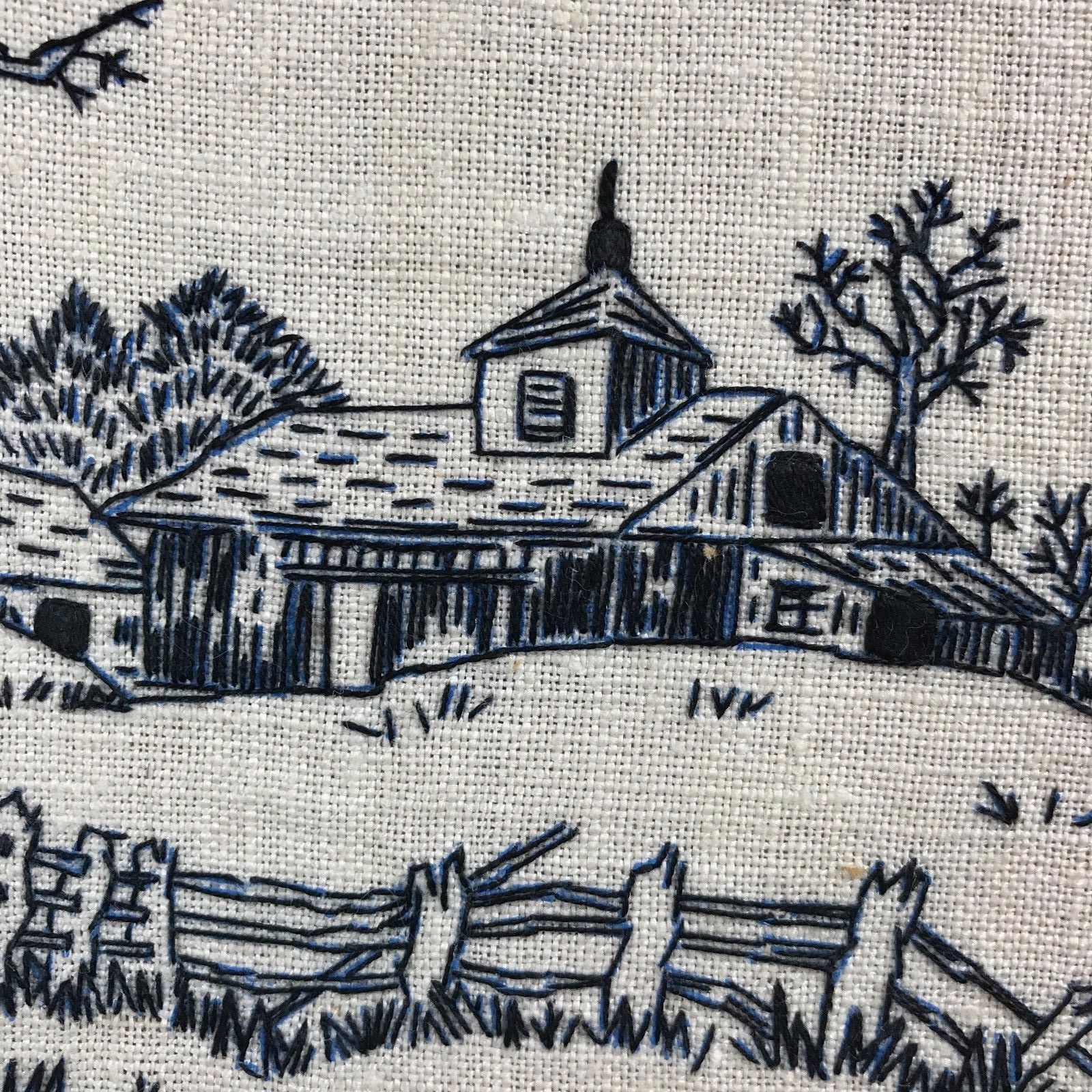 Vintage Embroidered Needlepoint Set Cream Blue Farm House & Weather Vane 8x10