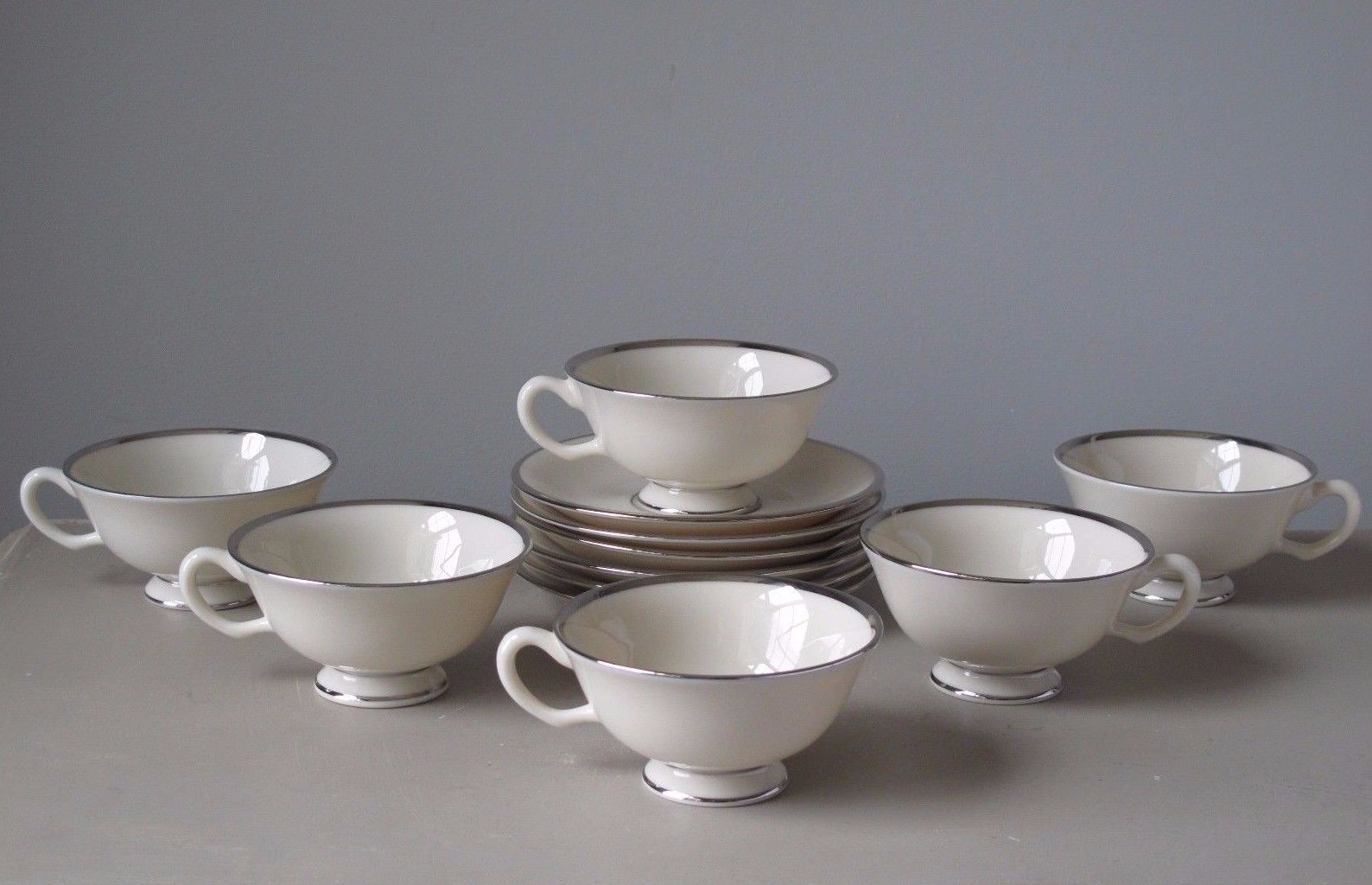 Lenox Montclair Footed Cups and Saucers, Set of (6), Platinum Trim