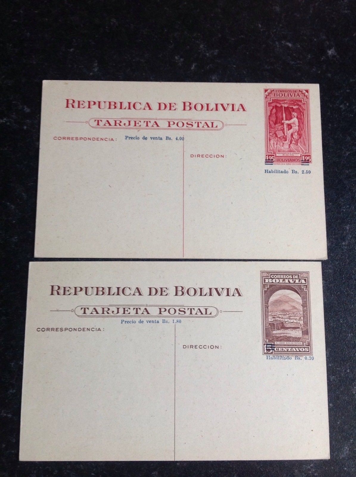 2 Vintage Bolivia Postcards with Pre Printed Postage Stamps