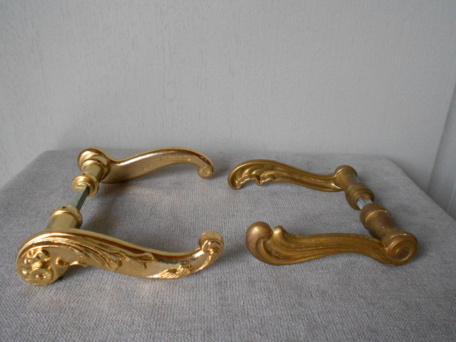 4 vintage FRENCH gilded STYLISH Door HANDLES PULLS marked FRANCE