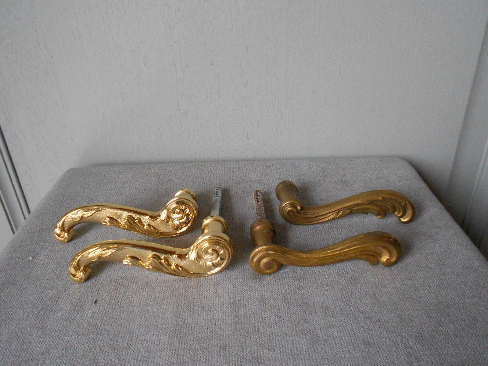 4 vintage FRENCH gilded STYLISH Door HANDLES PULLS marked FRANCE