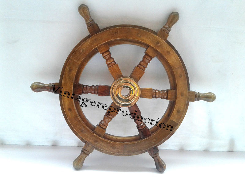 20" Ship's Wood Steering Wheel Antique Style Brass Nautical Sailing Decor