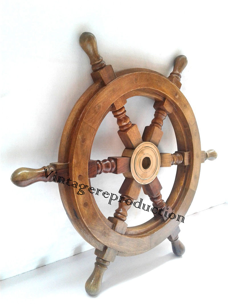 20" Ship's Wood Steering Wheel Antique Style Brass Nautical Sailing Decor