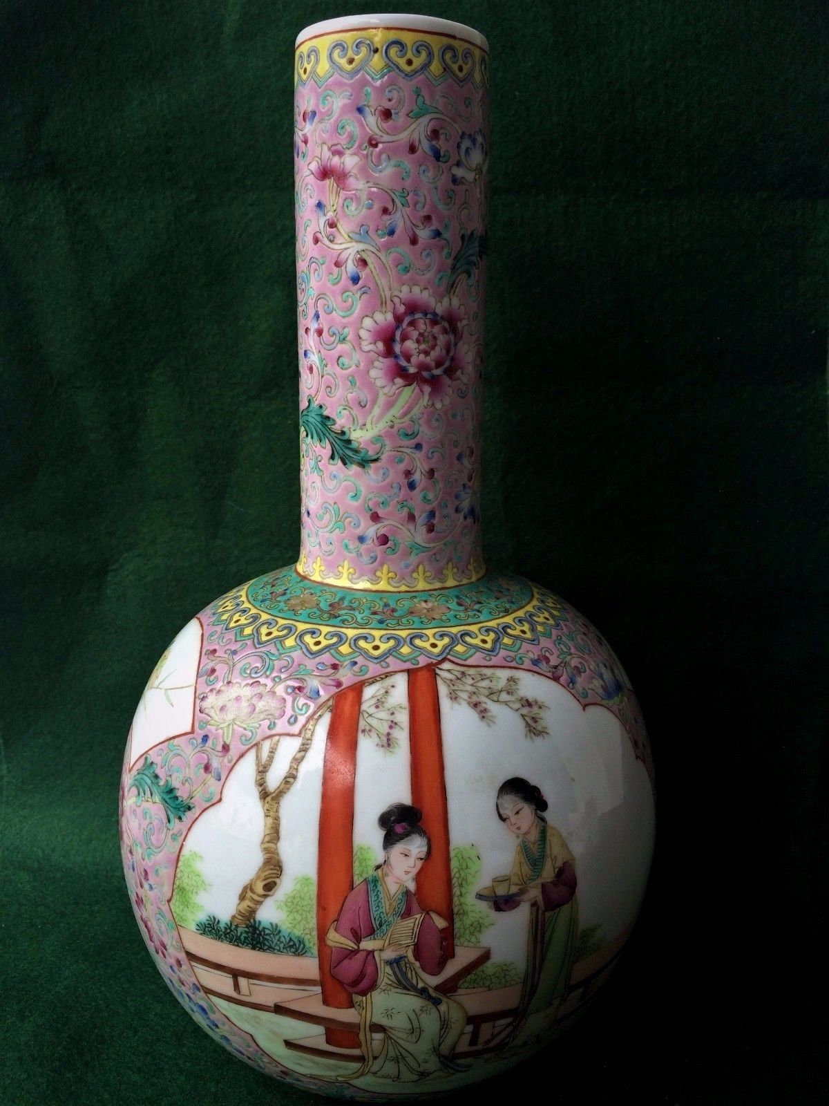 Antique Qing Dynasty Chinese Bottle Vase decorated with Ladies "red stamp mark"