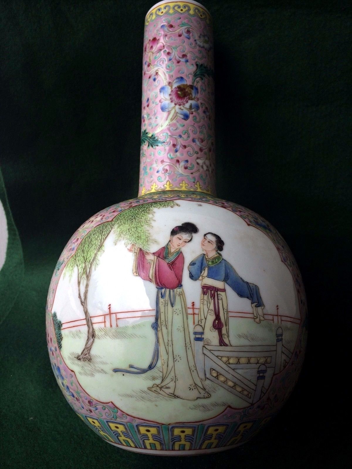 Antique Qing Dynasty Chinese Bottle Vase decorated with Ladies "red stamp mark"