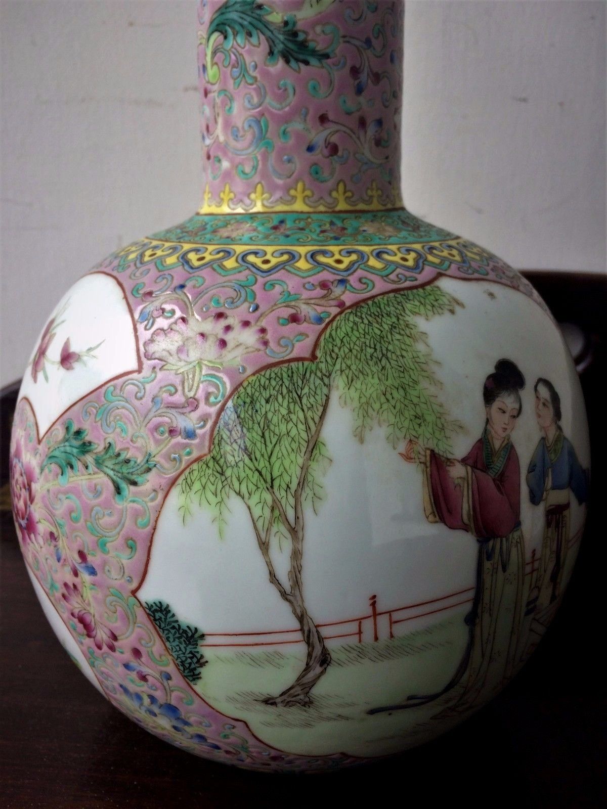 Antique Qing Dynasty Chinese Bottle Vase decorated with Ladies "red stamp mark"