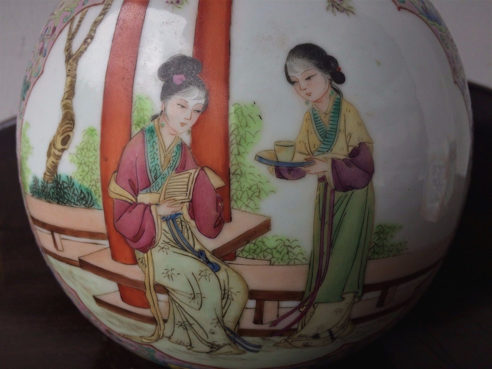 Antique Qing Dynasty Chinese Bottle Vase decorated with Ladies "red stamp mark"